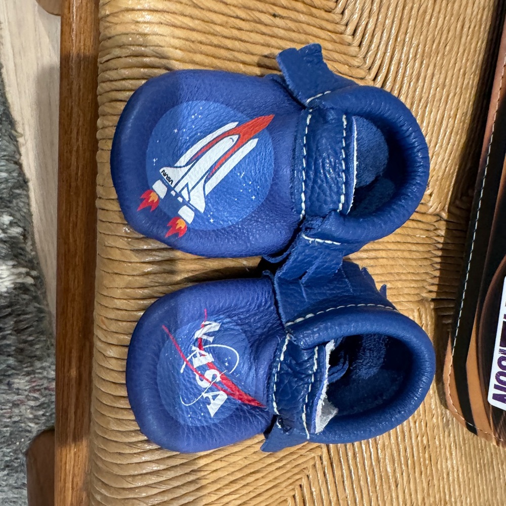 Freshly picked kids moccasins- NASA themed